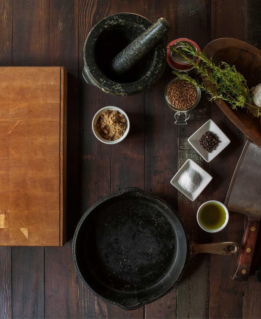 A dark worktop with tools