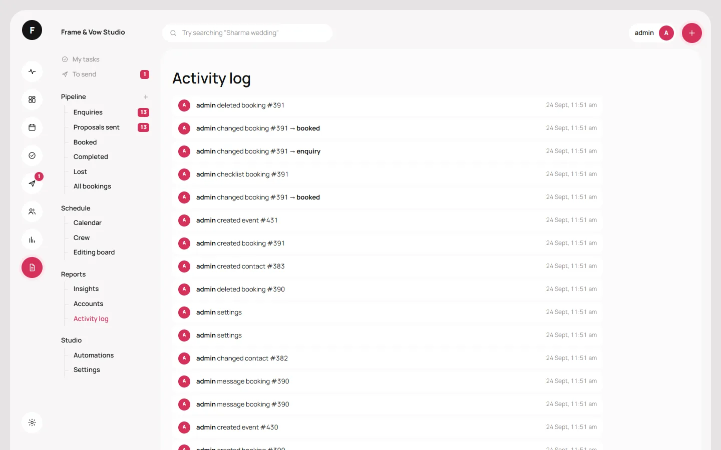 The activity log with demo data: an audit trail of who changed what, and when, across the studio.