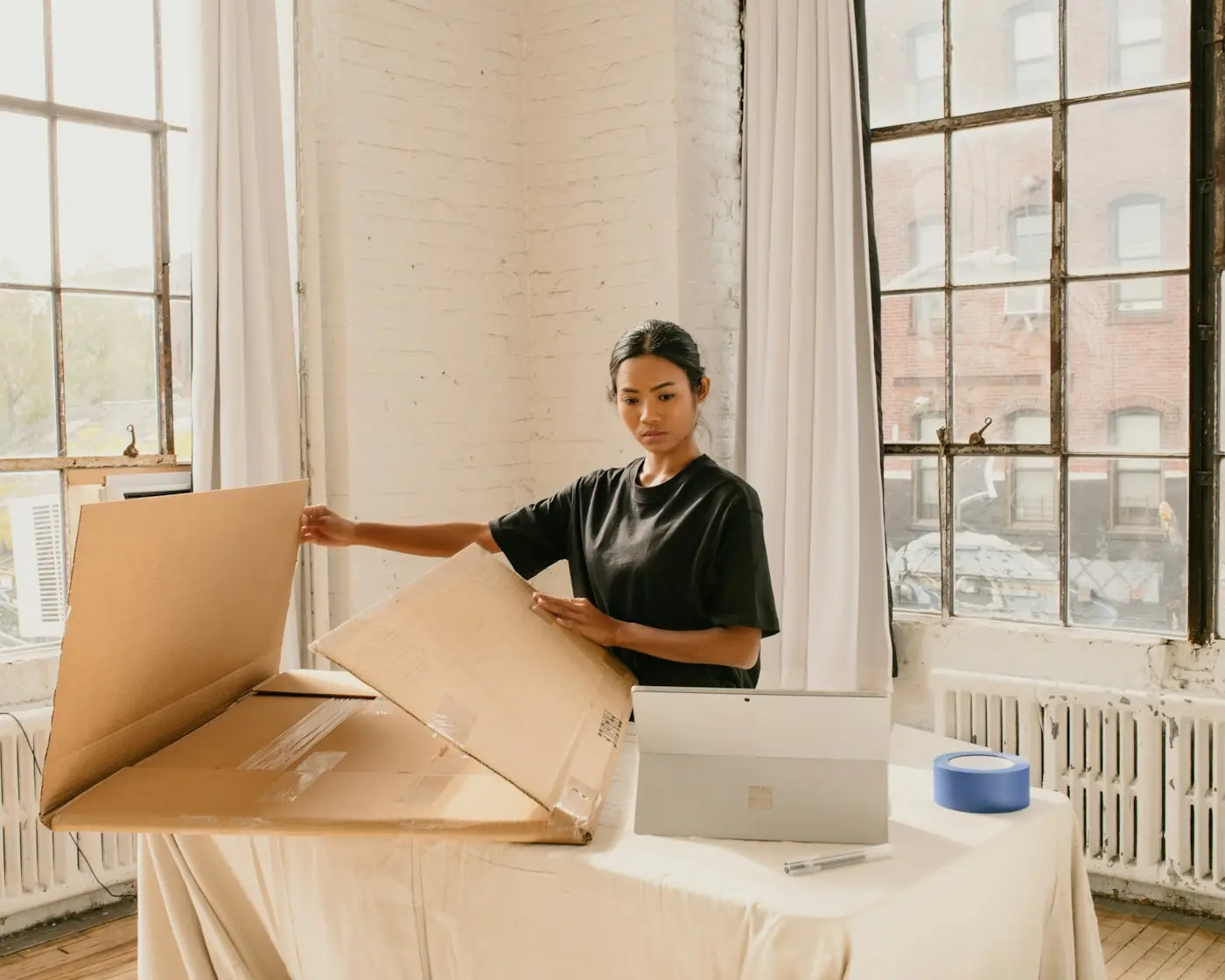 A shop owner checking an online order next to packed boxes